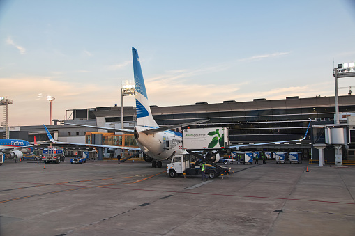 Miami, USA - January 24, 2022: America Airlines planes waiting for passengers at Miami International Airport.