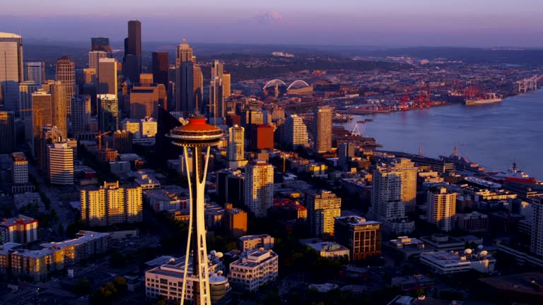 Aerial view of Seattle Skyline at sunset