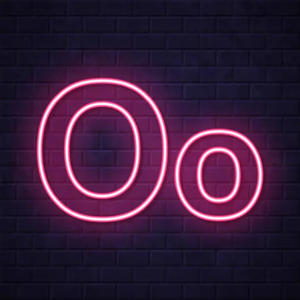 Vector illustration of Letter O - Uppercase and lowercase. Glowing neon icon on brick wall background