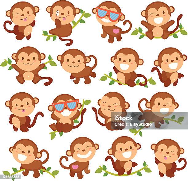 Playful Monkeys Set Stock Illustration - Download Image Now - Ape, Monkey, Sitting