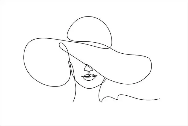 Vector illustration of Woman in hat vector one line art. Line illustration. Minimalist print. Black and white. Beauty logo. portrait of young modern woman wearing hat. isolated female portrait. Line art