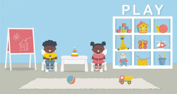 Vector illustration of Cute black children sitting on chairs in the kids' room. Playroom interior