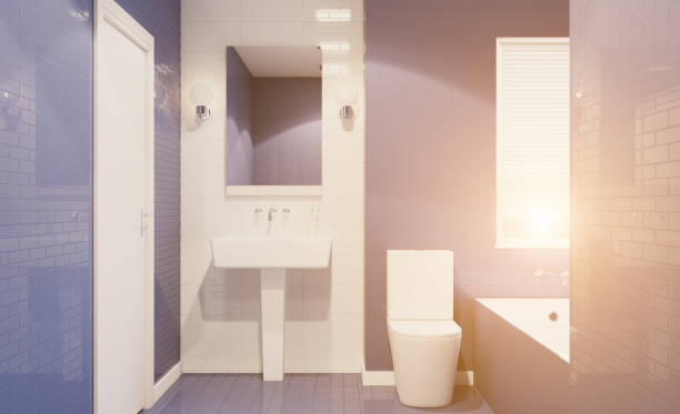 istock Spacious bathroom in gray tones with heated floors, freestanding tub. 3D rendering.. Sunset. 1766704062