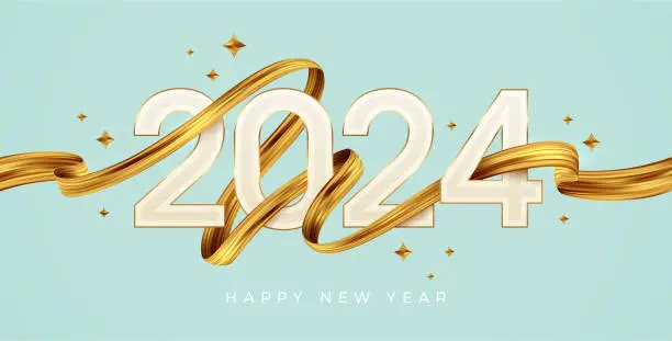 Vector illustration of 2024 New Year logo with golden paint brushstroke. New Year sign with golden ribbon. Vector illustration.