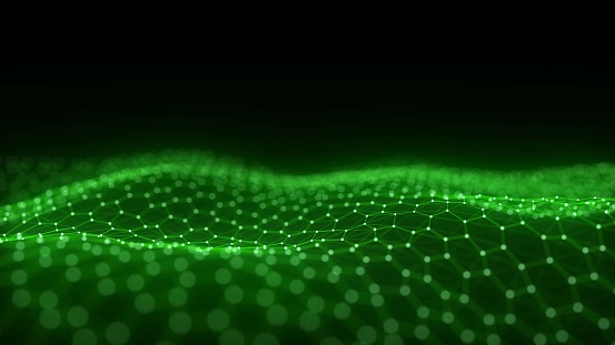 Digital technology hexagon wave. Dark cyberspace with green motion dots and lines. Futuristic digital background. Big data analytics. 3d rendering.