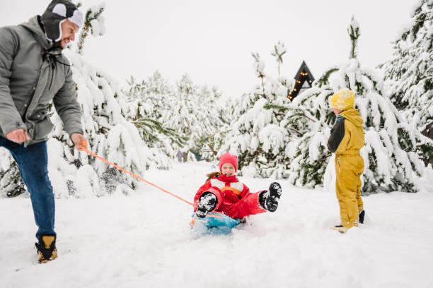 istock Father pulling little son on winter day. Children are rolling down hill on sledge in forest. Happy funny child with dad ride sled on snowy road in mountains. Family walks during snowfall in park. 1766723966