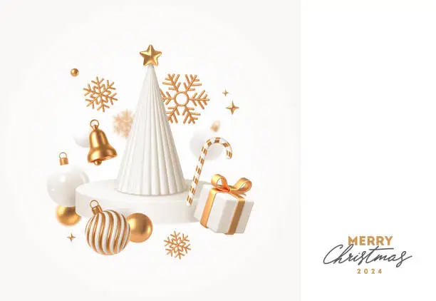 Vector illustration of Holiday illustration with Christmas tree and golden decorations. New year and christmas greeting card. 3d render vector illustration.