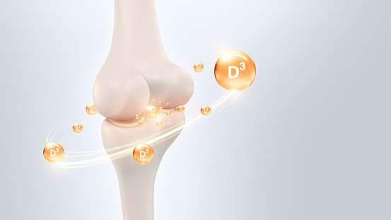 Golden Vitamin D3 complex, Bone Health medical concept, 3D rendering.