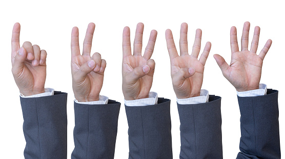Hand of businessman in suit counts from Zero to Five isolated on transparent background. PNG File