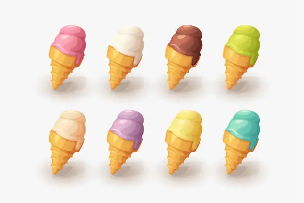 Vector illustration of ice cream cones different taste in set