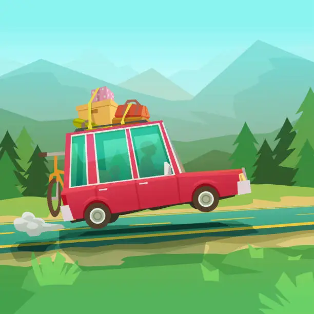Vector illustration of red cartoon car side view vacation trip