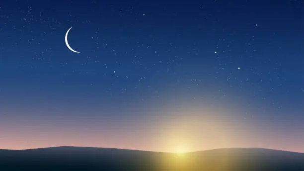 Vector illustration of a beautiful sunset with moon at sky