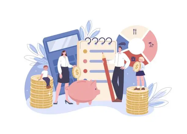 Vector illustration of Family planning budget and finance. Parents and children with money, piggy bank and list. Monthly calculating money, household bank kicky vector scene