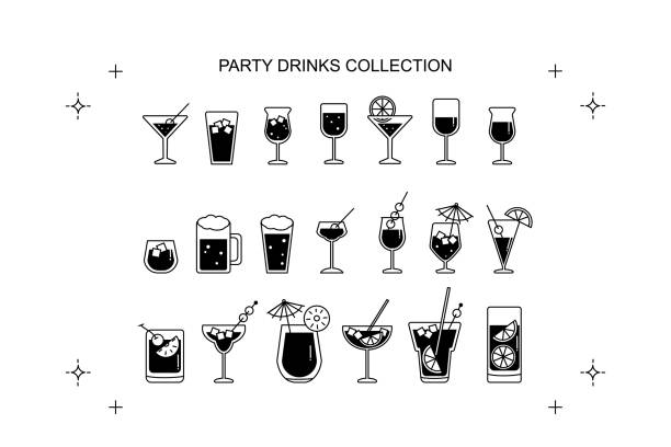 illustrazioni stock, clip art, cartoni animati e icone di tendenza di set di icone di alcol e cocktail. raccolta di icone web semplici lineari - cocktail