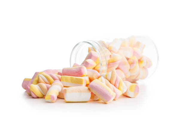 Sweet colorful marshmallows isolated on the white background.