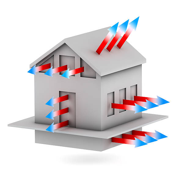 house with arrows of heat loss stock photo
