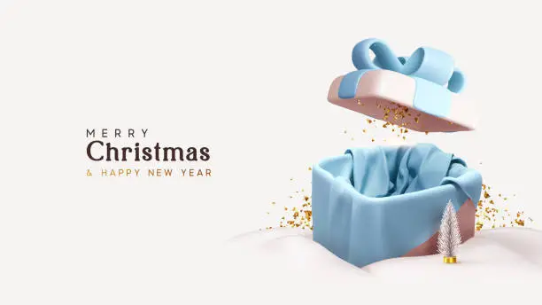 Vector illustration of Open gift box with blue silk fabric inside with gold glitter confetti in the snow. Template for Christmas design. Merry Christmas Happy New Year background. Realistic 3d objects. vector illustration