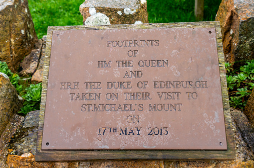 St. Micheal's Mount. Cornwall. UK-10.02.2023. A sign commemorating the late Queen Elizabeth and the Duke of Edinburgh's visit.