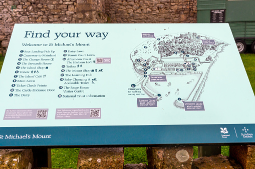 St. Micheal's Mount. Cornwall. UK-10.02.2023. A map and directory providing tourists and visitors useful information to the sights.