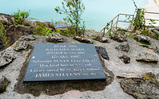 St. Ives.Cornwall. UK- 10.01.2023. A memorial inscription of ship wrecks of the coast of St. Ives.