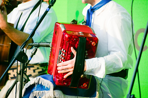 Rich tapestry of tradition as a skilled musician weaves enchanting melodies on the accordion amidst the bustling energy of a lively folk fair.