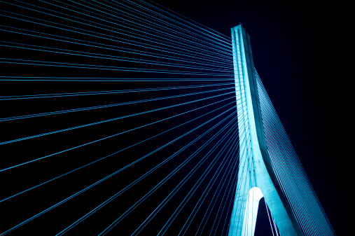 Suspension bridge at night.