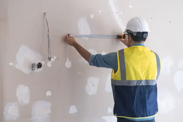Skilled worker standing near shabby wall measuring distance with tape-line before drilling holes man in protective hardhat and vast renovates living room interior
