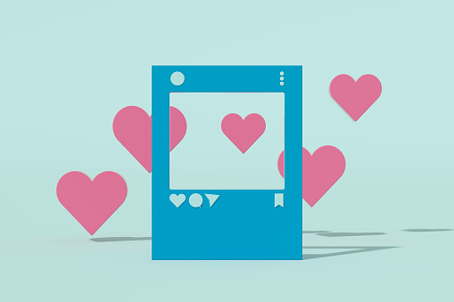 Social Media Window Concept with Hearts,  3d Render.