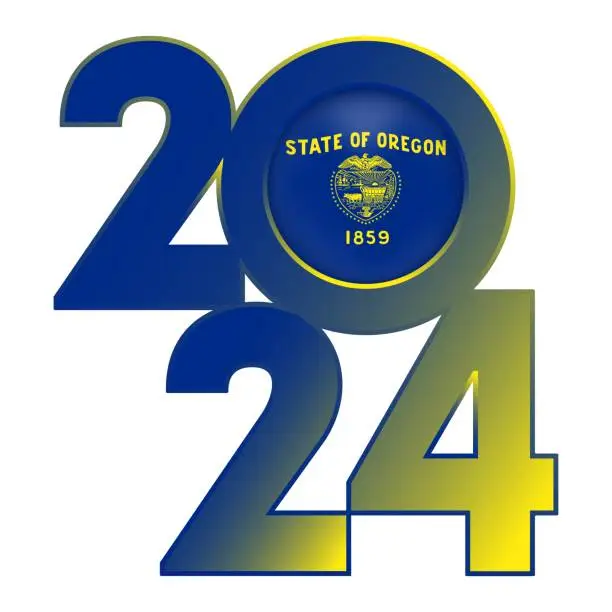 Vector illustration of 2024 banner with Oregon state flag inside. Vector illustration.