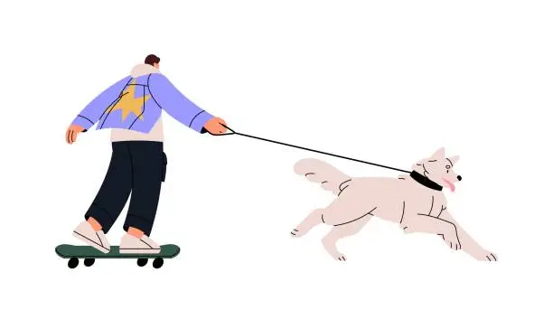 Vector illustration of Owner skate on skateboard with big fluffy dog, pup. People walk puppy, stroll playful doggy on leash. Active lifestyle. Street activity together with pet. Flat isolated vector illustration on white