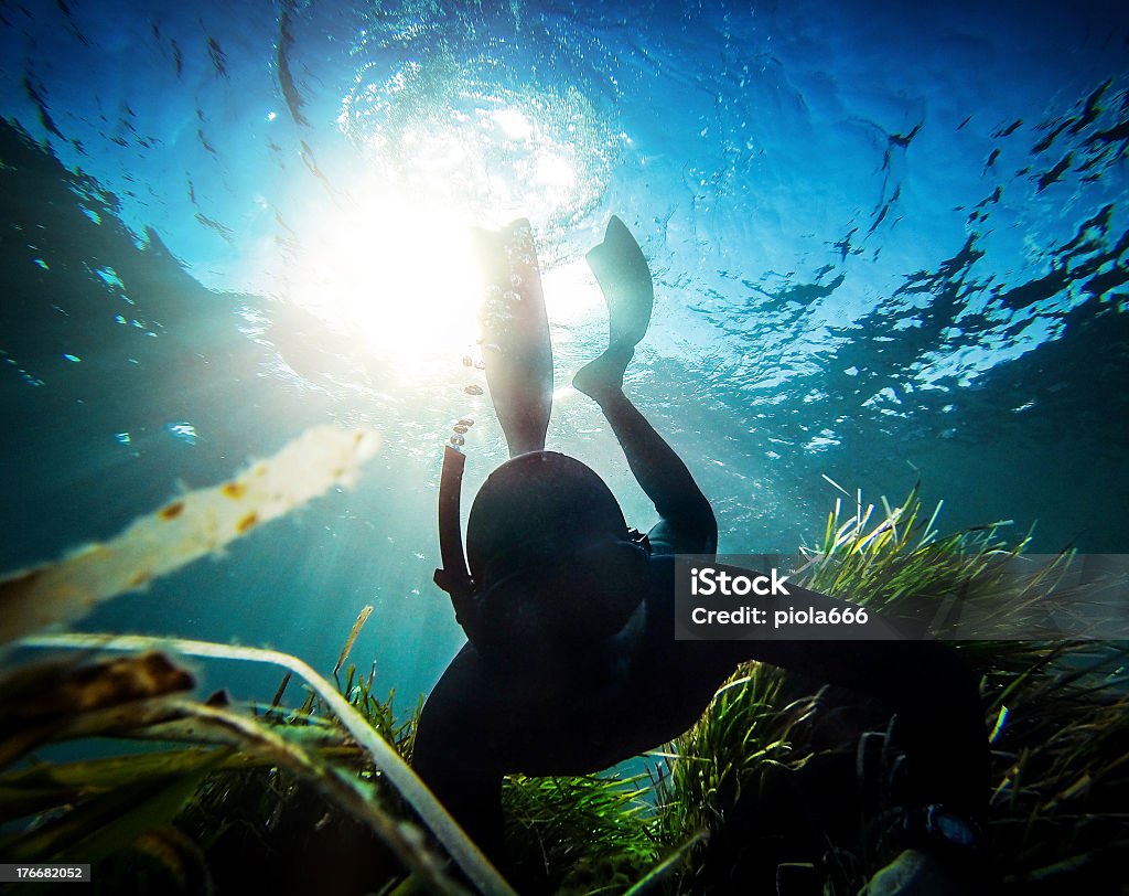 Free diver spearfishing in the abyss Diving Into Water Stock Photo
