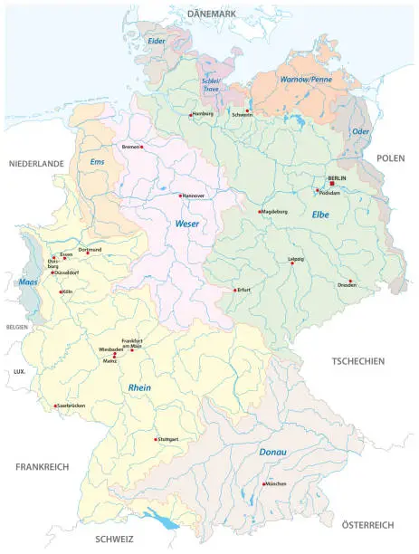 Vector illustration of Detailed map of the watersheds in Germany, in German language