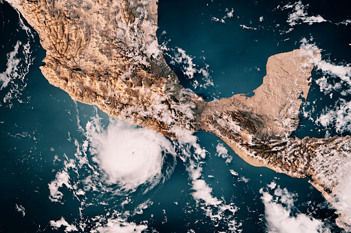 3D Render of a Topographic Map of the Pacific Ocean near Mexico with the clouds from October 24, 2023. 
Category 5 Hurricane Otis over the Pacific Ocean south of the mexican State of Guerrero.
All source data is in the public domain.
Cloud texture: Global Imagery Browse Services (GIBS) courtesy of NASA, GOES data courtesy of NOAA.
https://www.earthdata.nasa.gov/eosdis/science-system-description/eosdis-components/gibs
Color texture: Made with Natural Earth.
http://www.naturalearthdata.com/downloads/10m-raster-data/10m-cross-blend-hypso/
Relief texture: GMTED 2010 data courtesy of USGS. URL of source image:
https://topotools.cr.usgs.gov/gmted_viewer/viewer.htm
Water texture: SRTM Water Body SWDB: https://dds.cr.usgs.gov/srtm/version2_1/SWBD/