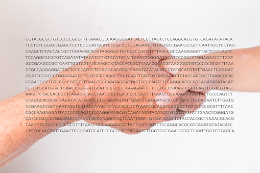 old man hand hold young man hand with DNA code, aging concept