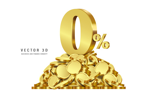 Gold 0% text number is placed in the middle of gold coins or dollar coins For advertising about interest promotions or zero percent fee, vector 3d isolated on white background for financial concept