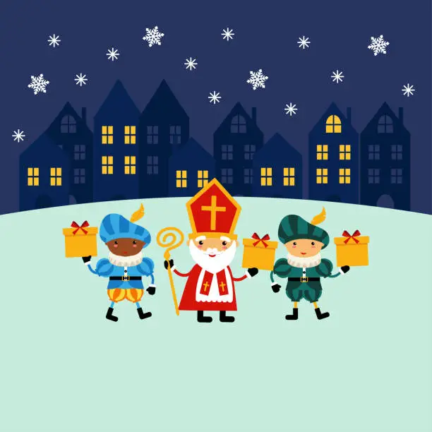 Vector illustration of Saint Nicholas and Zwarte Piet celebrate Dutch holidays.  Sinterklaas