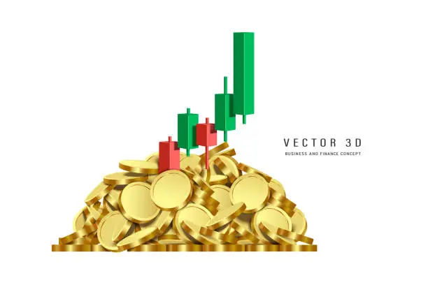 Vector illustration of Bar charts or stock charts or cryptocurrency graphs that show growth and profitability from red to green. all place on pile of gold coins or cryptocurrency coins