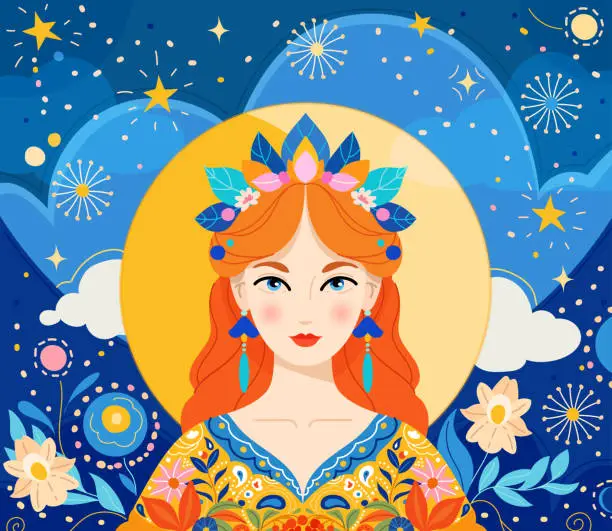 Vector illustration of Magic portrait princess girl with leaves, flower on starry night background. Autumn Fairytale Vector hand drawn illustration in Boho style. Mysterious story