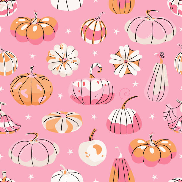 Vintage Thanksgiving pumpkins seamless pattern on pink background. Fall Autumn harvest Great for textiles, table cloth, wrapping, banners, wallpapers, fabric, cover, card