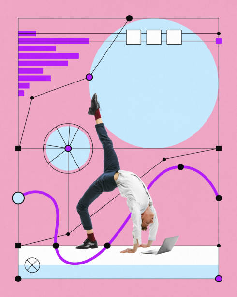 istock Flexible young man, employee standing in weird pose and working on laptop. Loading graphs and presentation. Contemporary art collage. 1766858445