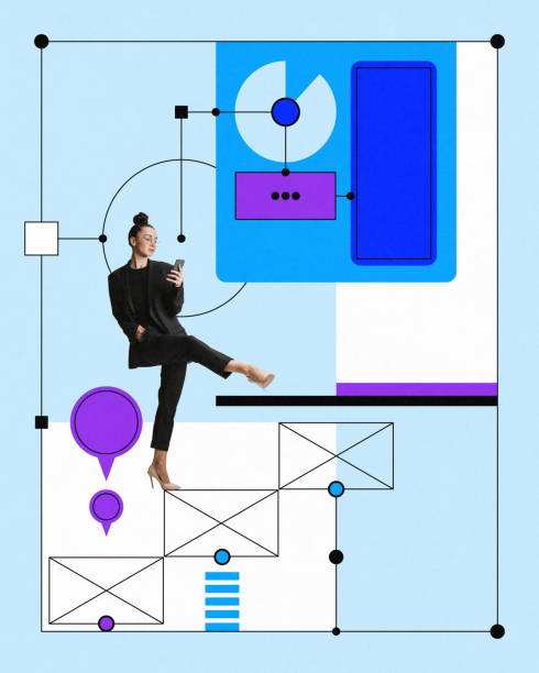 istock Business woman in suit looking on mobile phone, checking application, design and usability. Project control. Contemporary art collage. 1766858452