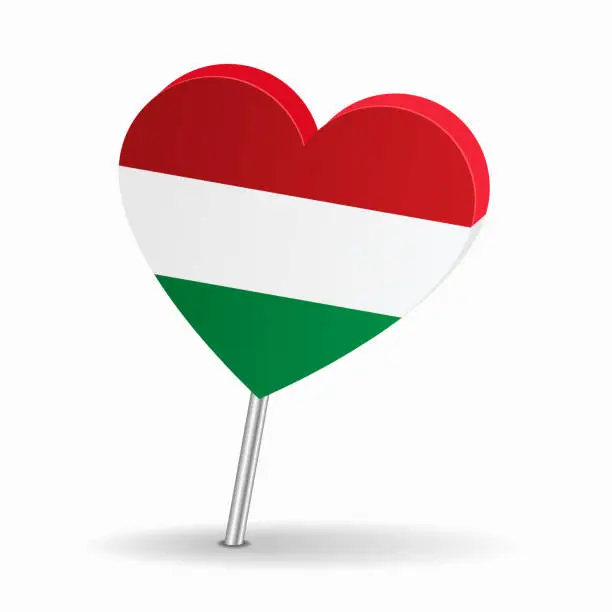 Vector illustration of Hungarian flag heart-shaped map pointer layout. Vector illustration.