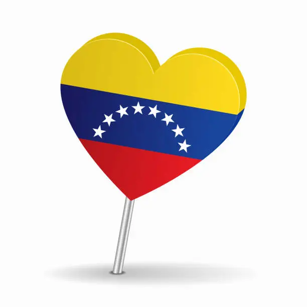 Vector illustration of Venezuelan flag heart-shaped map pointer layout. Vector illustration.