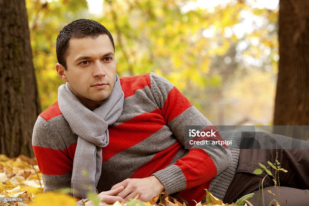 young man enjoing in autumn young man laying in park in autumn, looking away  20-29 Years Stock Photo