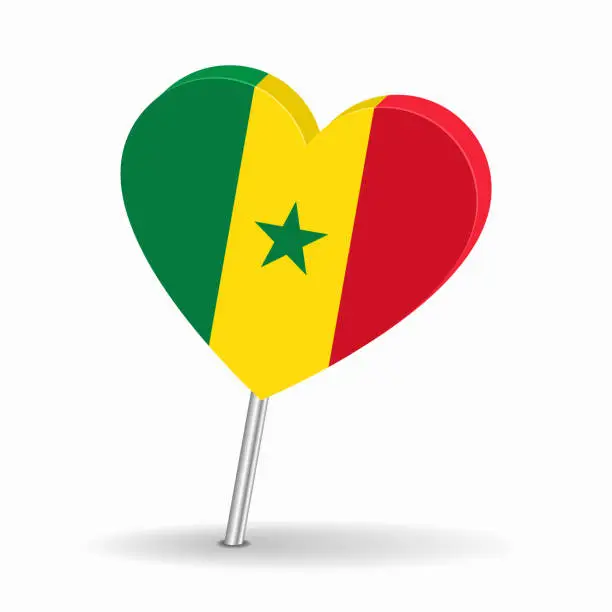 Vector illustration of Senegalese flag heart-shaped map pointer layout. Vector illustration.