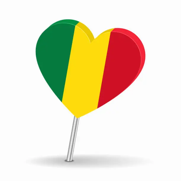 Vector illustration of Malian flag heart-shaped map pointer layout. Vector illustration.