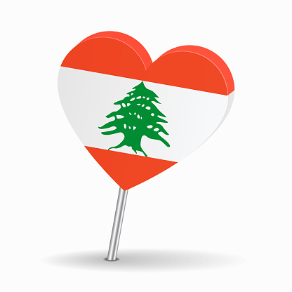 Lebanese flag heart-shaped map pin pointer layout. Vector illustration.