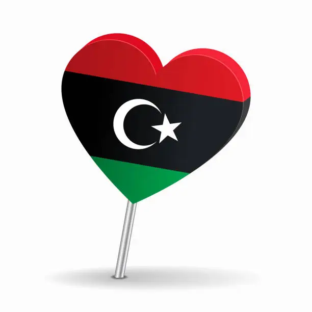 Vector illustration of Libyan flag heart-shaped map pointer layout. Vector illustration.