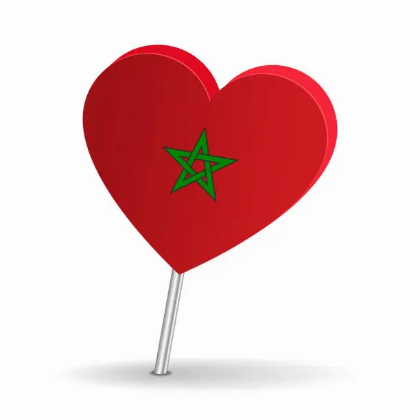 Vector illustration of Moroccan flag heart-shaped map pointer layout. Vector illustration.