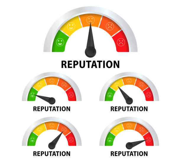 istock Reputation meter with different emotions. Measuring gauge indicator. Black arrow in coloured chart background. Indicator of Trust with Arrow Pointing on Smiling Emotion. Vector illustration 1766875519